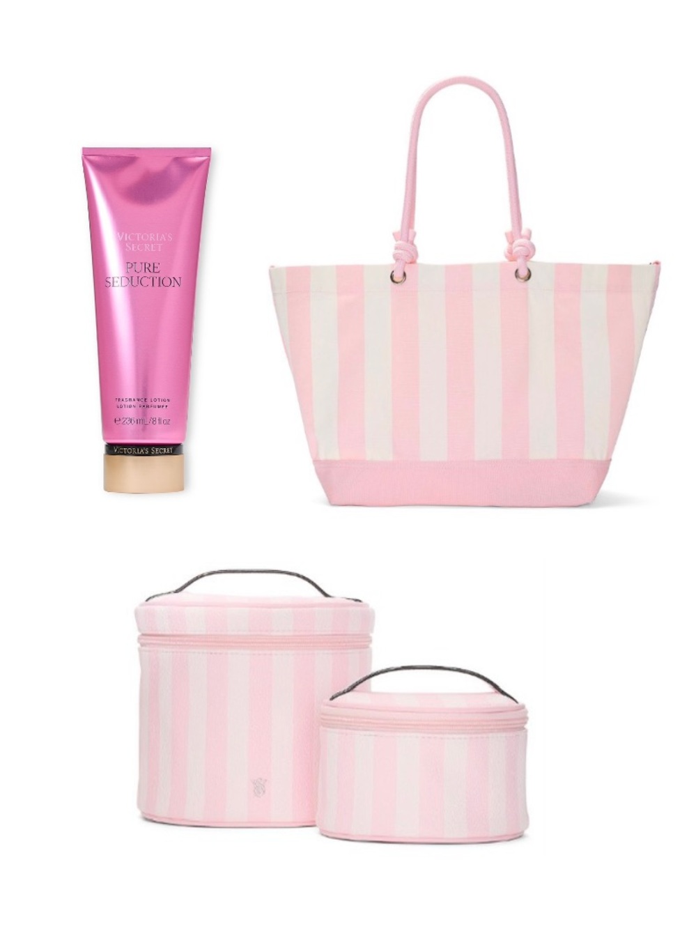 Victoria's Secret Pink Striped Tote & Cosmetic Case Set with Lotion